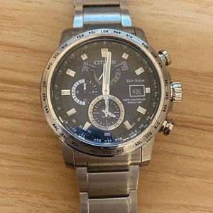 Men’s Citizen eco-drive pact chronographic watch with dark blue dial